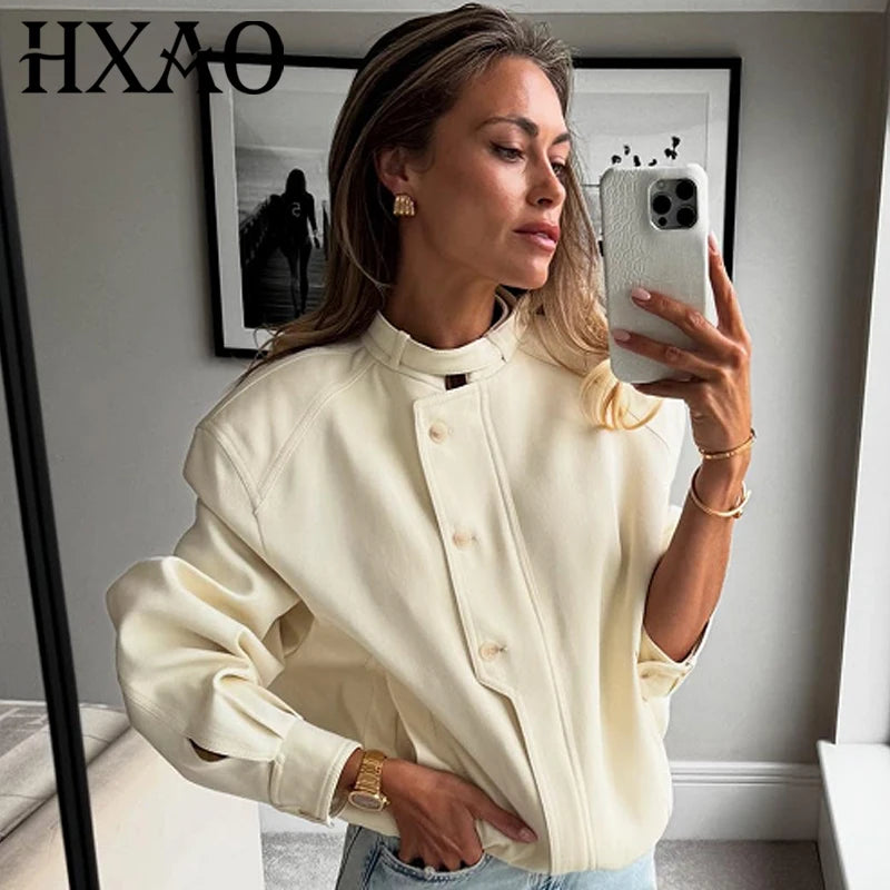 HXAO 2025 Women's Bomber Jacket Autumn Winter Button Oversized Outerwears Beige Long Sleeve Top New In Coats & Jackets Chic Coat