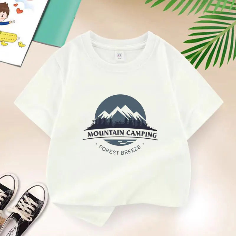 Boys Mountain Camping Short Sleeve T-Shirt – Cotton Outdoor Kids Tee