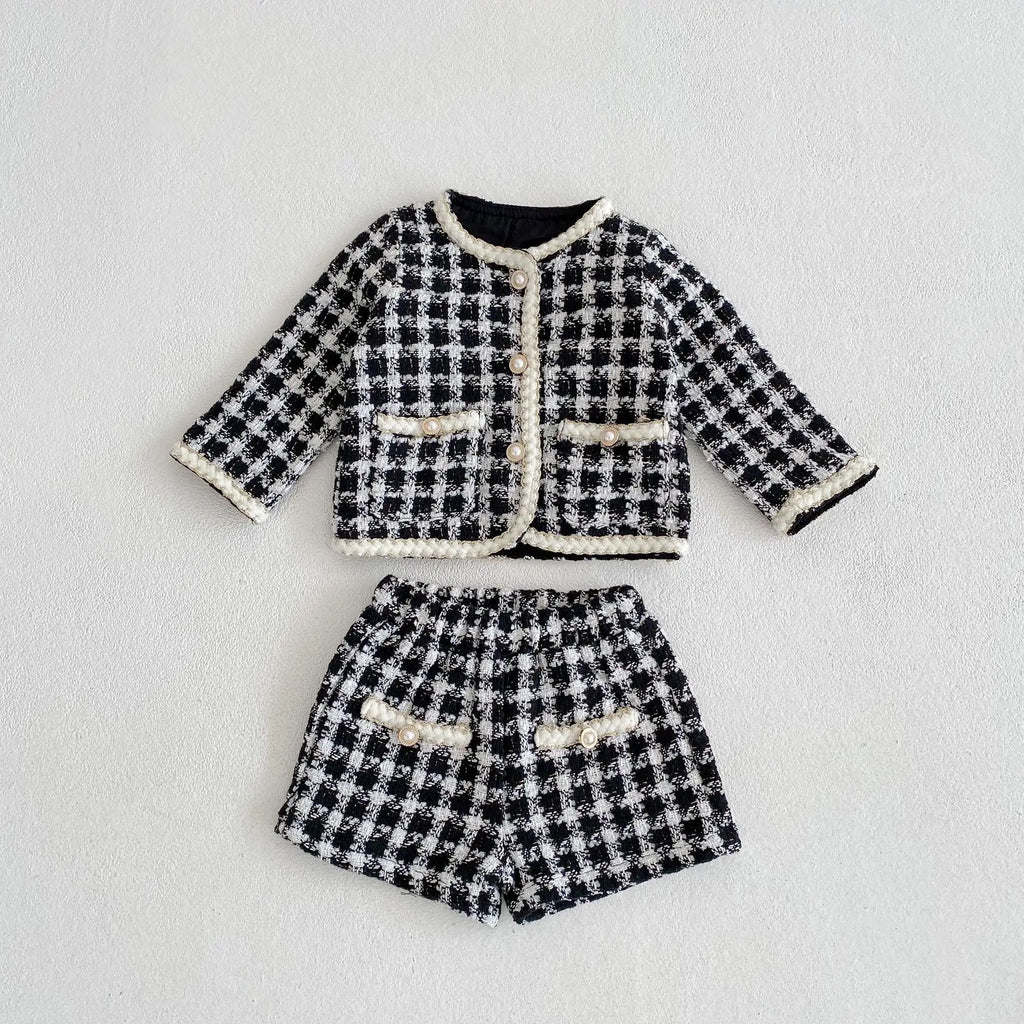 Two Piece Set For Spring And Autumn New Baby Boys And Girls' Tweed Black Plaid Long Sleeved Shirt With Open Coat And Short Pant