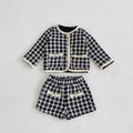 Two Piece Set For Spring And Autumn New Baby Boys And Girls' Tweed Black Plaid Long Sleeved Shirt With Open Coat And Short Pant