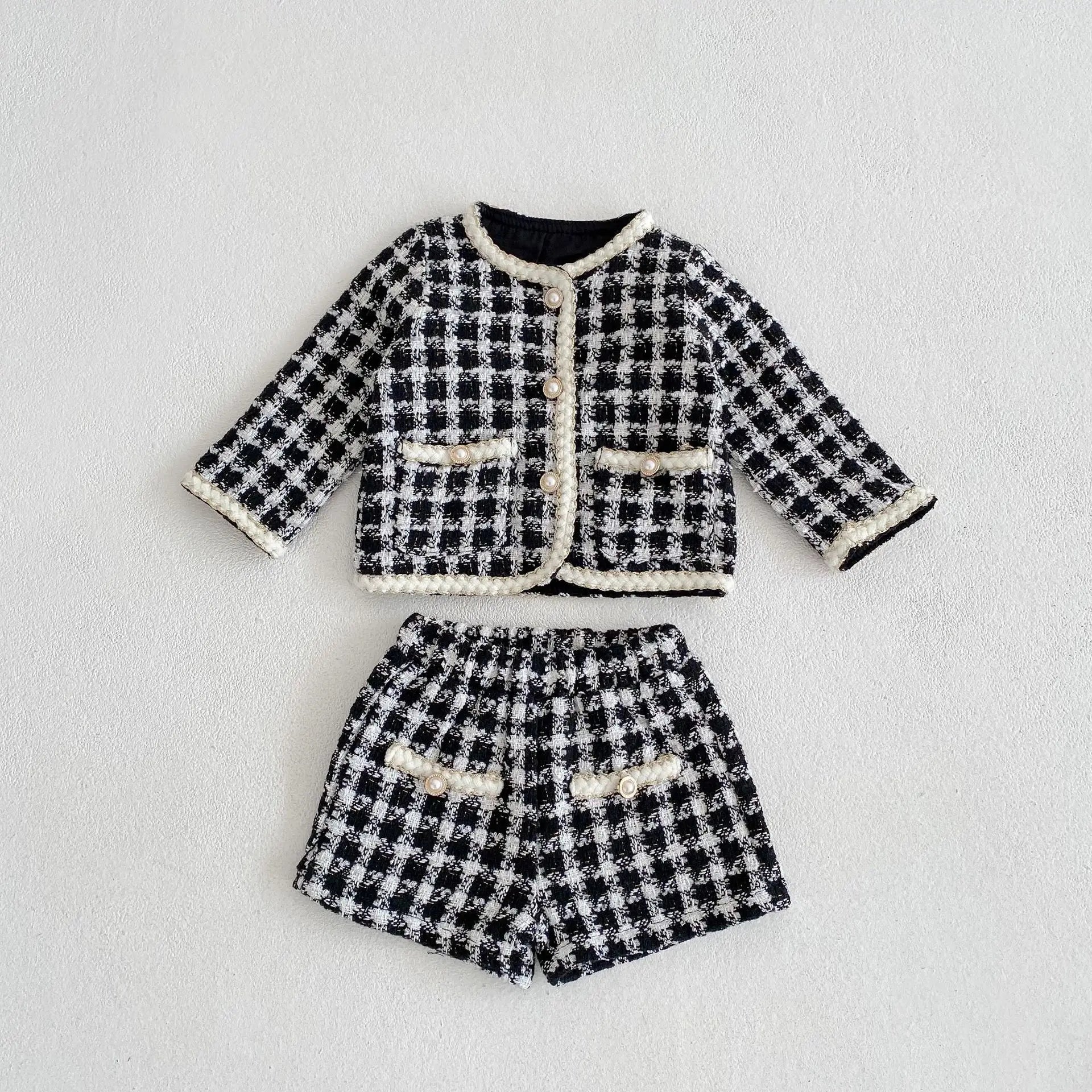 Two Piece Set For Spring And Autumn New Baby Boys And Girls' Tweed Black Plaid Long Sleeved Shirt With Open Coat And Short Pant