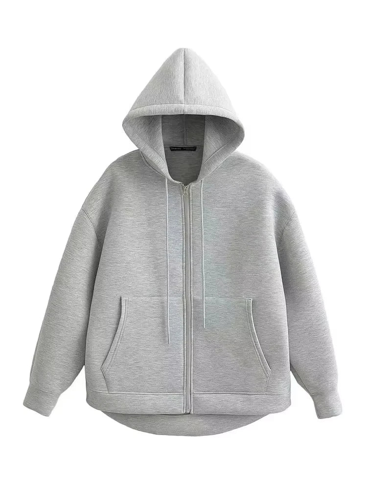 HH Autumn Winter Women's Zipper Hoodie Coat High Street Double Pockets Oversize Jakcet Loose Sweatshirts Outerwear Top