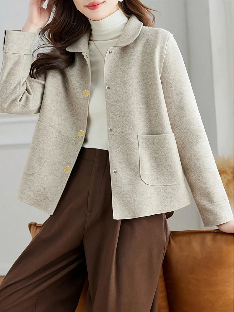Women's Classic Short Woolen Coat – Button-Up Warm Autumn Winter Outerwear