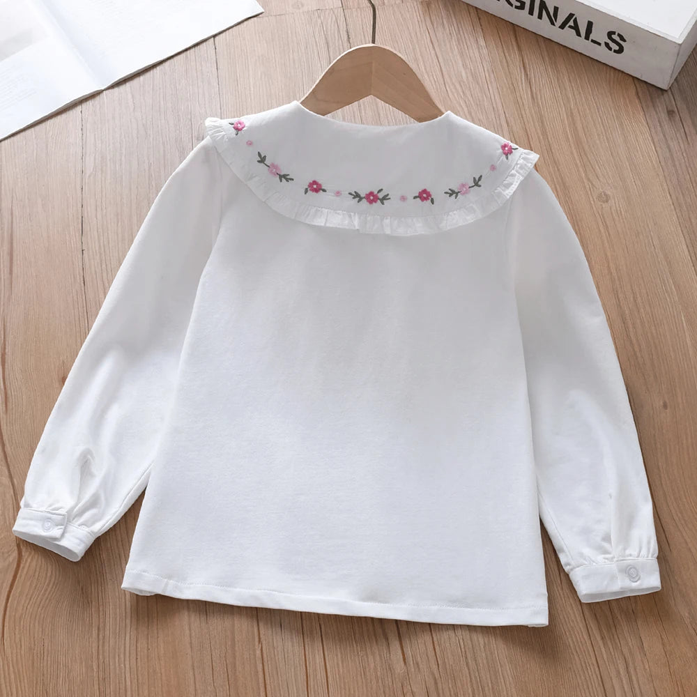 Girls Embroidered Floral Ruffle Collar Blouse – Long Sleeve Spring Top