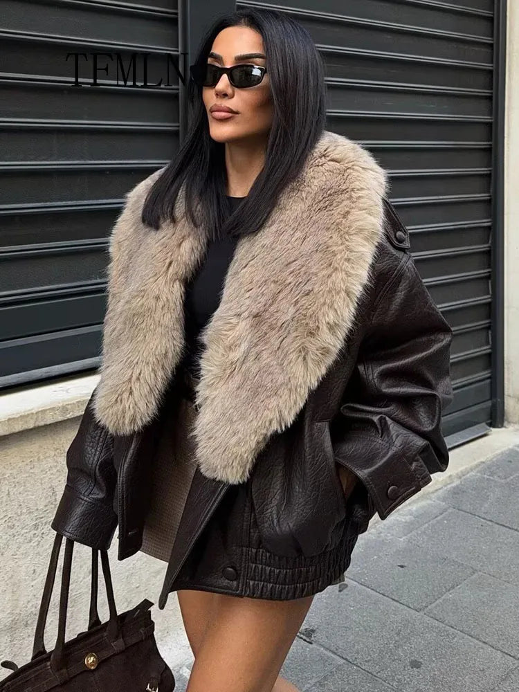 Women's Faux Leather Jacket – Removable Fur Collar Double-Breasted Casual Coat