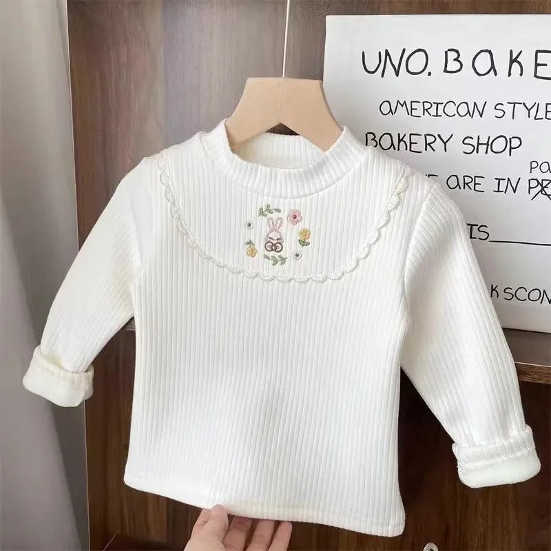 Girls Cartoon Embroidery Velvet Long Sleeve Top – Warm Half-High Collar Base Shirt