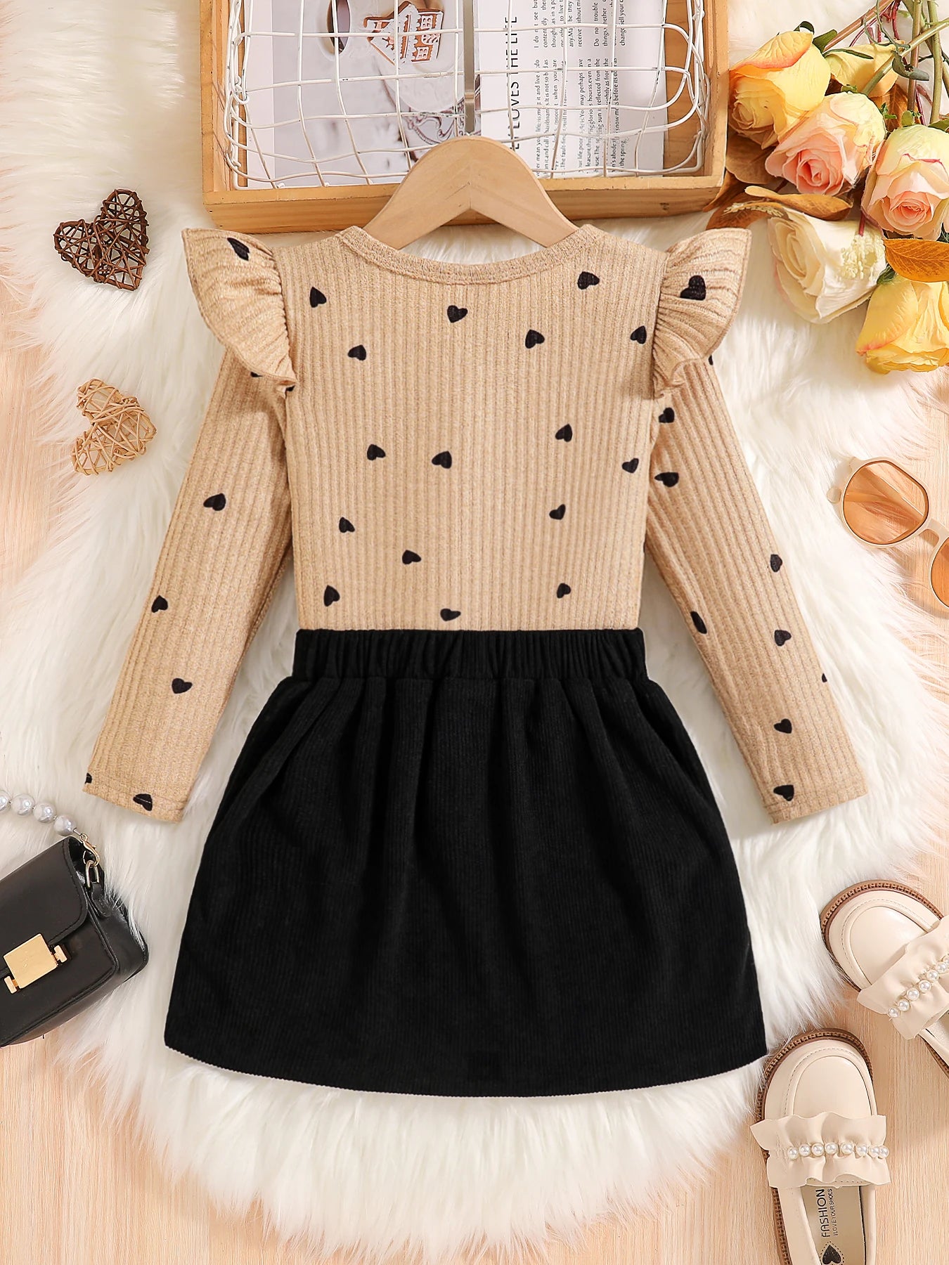 Girls Heart Print Long Sleeve Top & Bow Skirt Set – Elegant 2-Piece Outfit