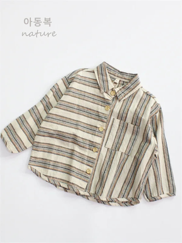 Boys Retro Striped Cotton Linen Long Sleeve Shirt – Korean Literary Button Top