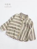 Boys Retro Striped Cotton Linen Long Sleeve Shirt – Korean Literary Button Top