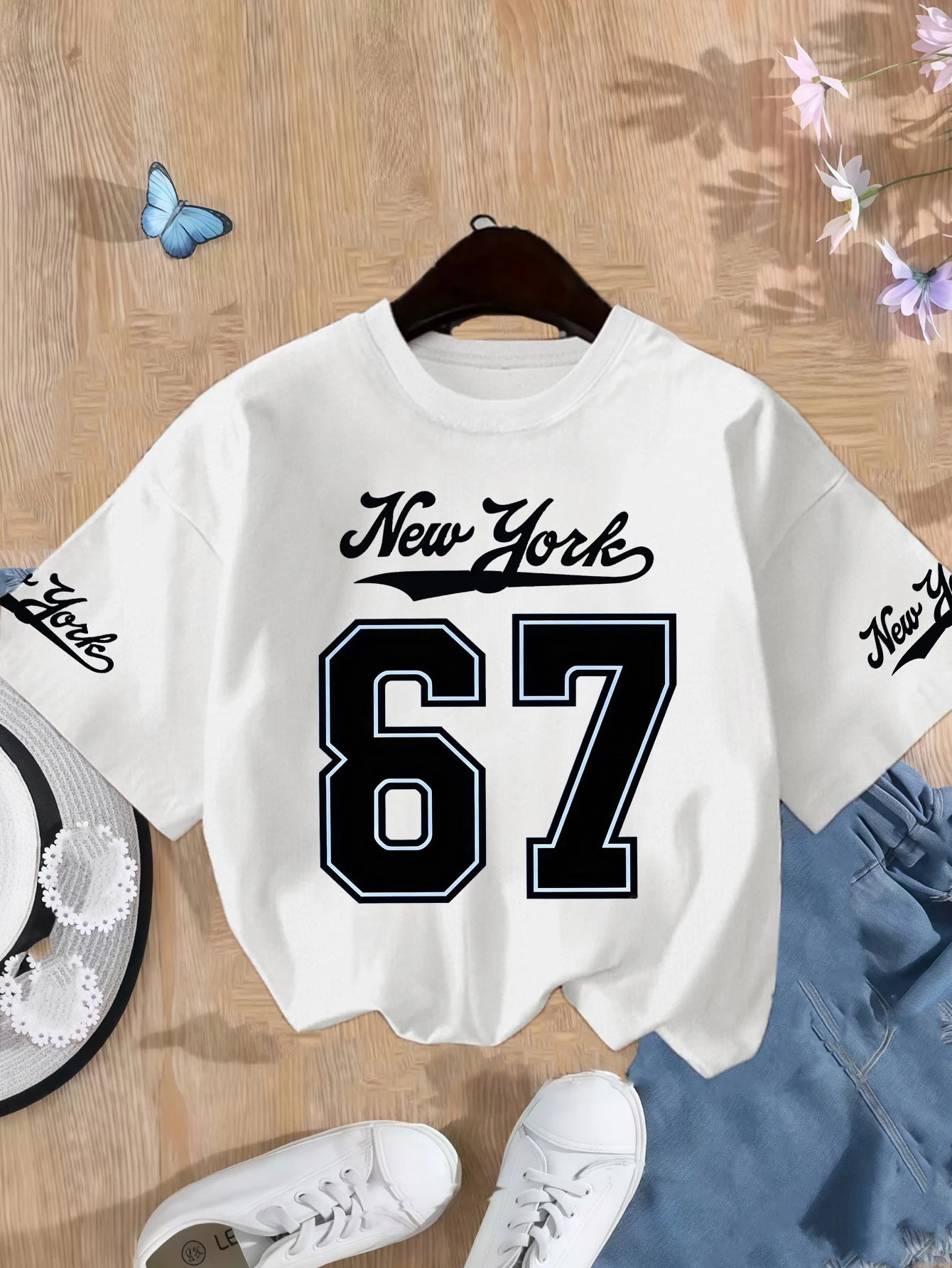 Girls New York Number 67 Print T-Shirt – Pink Cotton Short Sleeve Top
