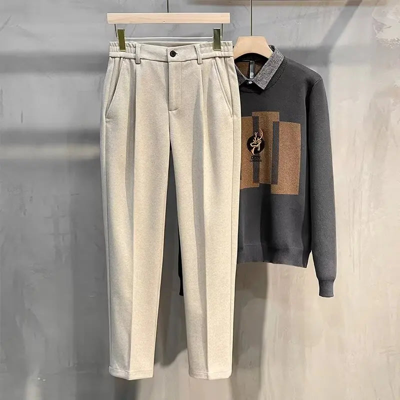 Men's Woolen Casual Pants Autumn Winter Thiened Slim Fit Long Trousers Faionable Korean Sle Nine Points Pants