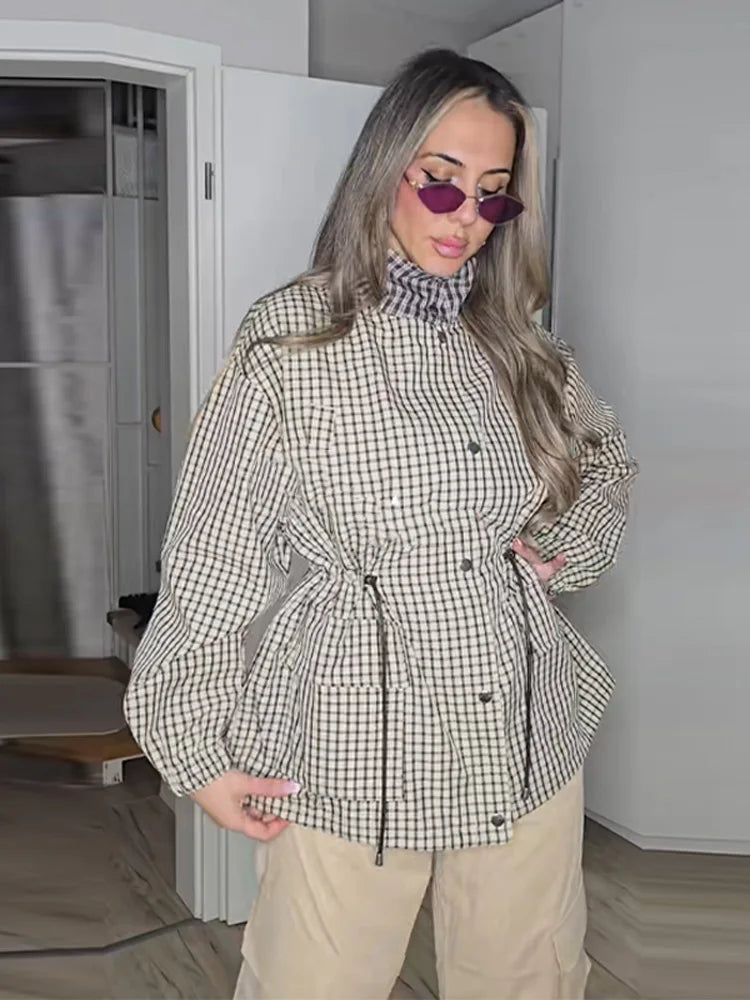 Causal Long Sleeved Grid  Female Jacket Drawstring Tight Loose Women's Trench Collar Fashion Single Breasted Pocket Outerwear