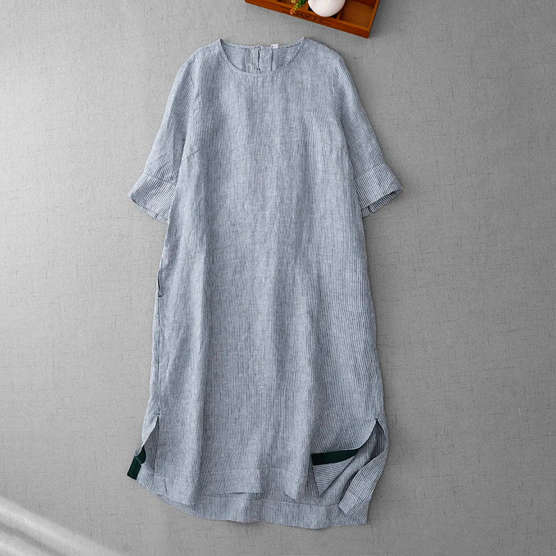 Retro Cotton Linen Mid-Sleeve Dress Summer New Style Slimming Women's A-Line Midi Skirt Casual Loose Waist Comfortable Fit