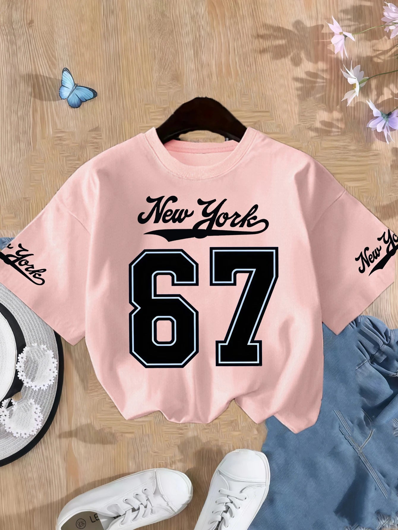 Girls New York Number 67 Print T-Shirt – Pink Cotton Short Sleeve Top