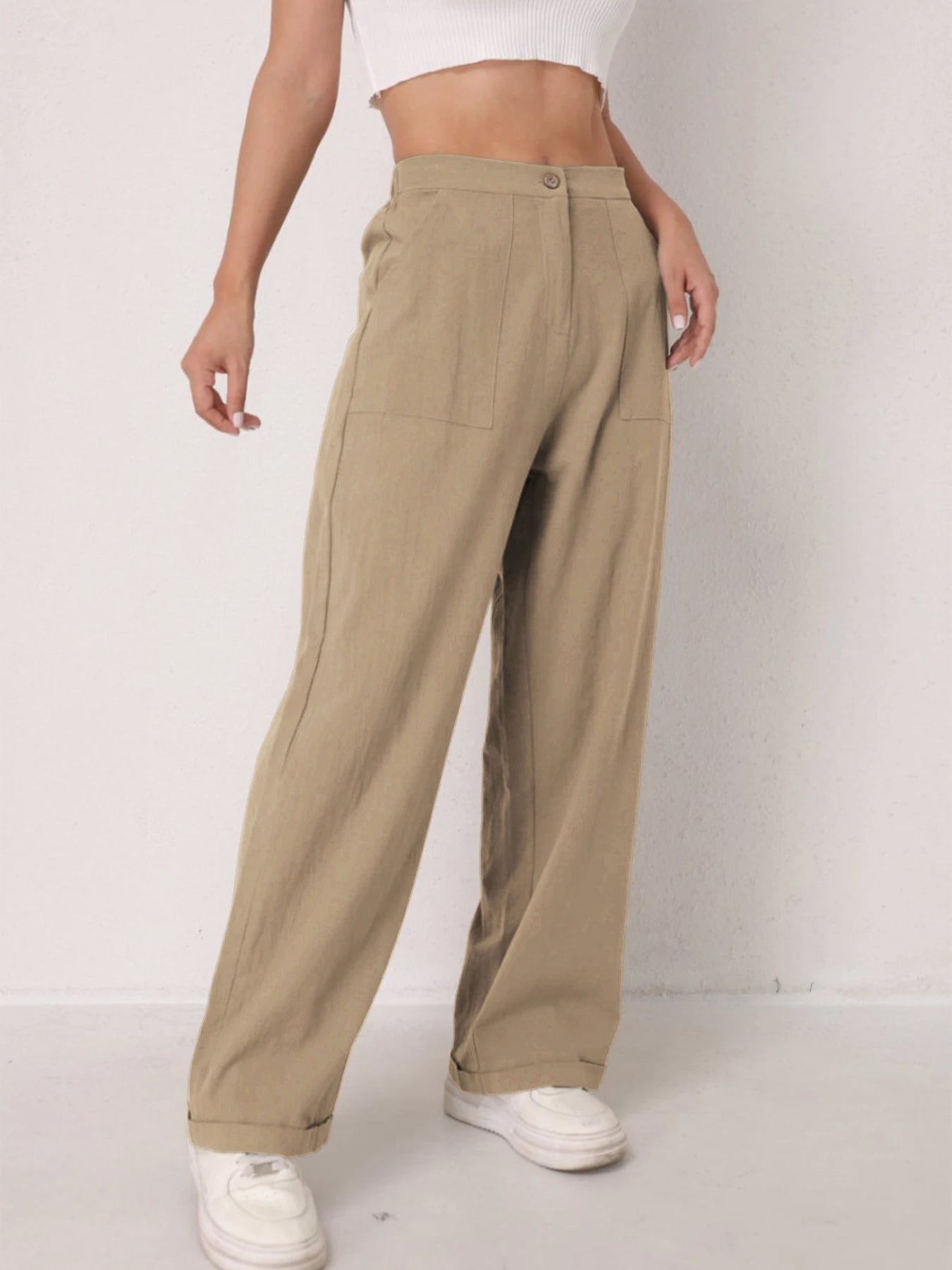 Women's Elegant Linen Wide Leg Slimming Pants – High Waist Drapey Casual Summer Trousers