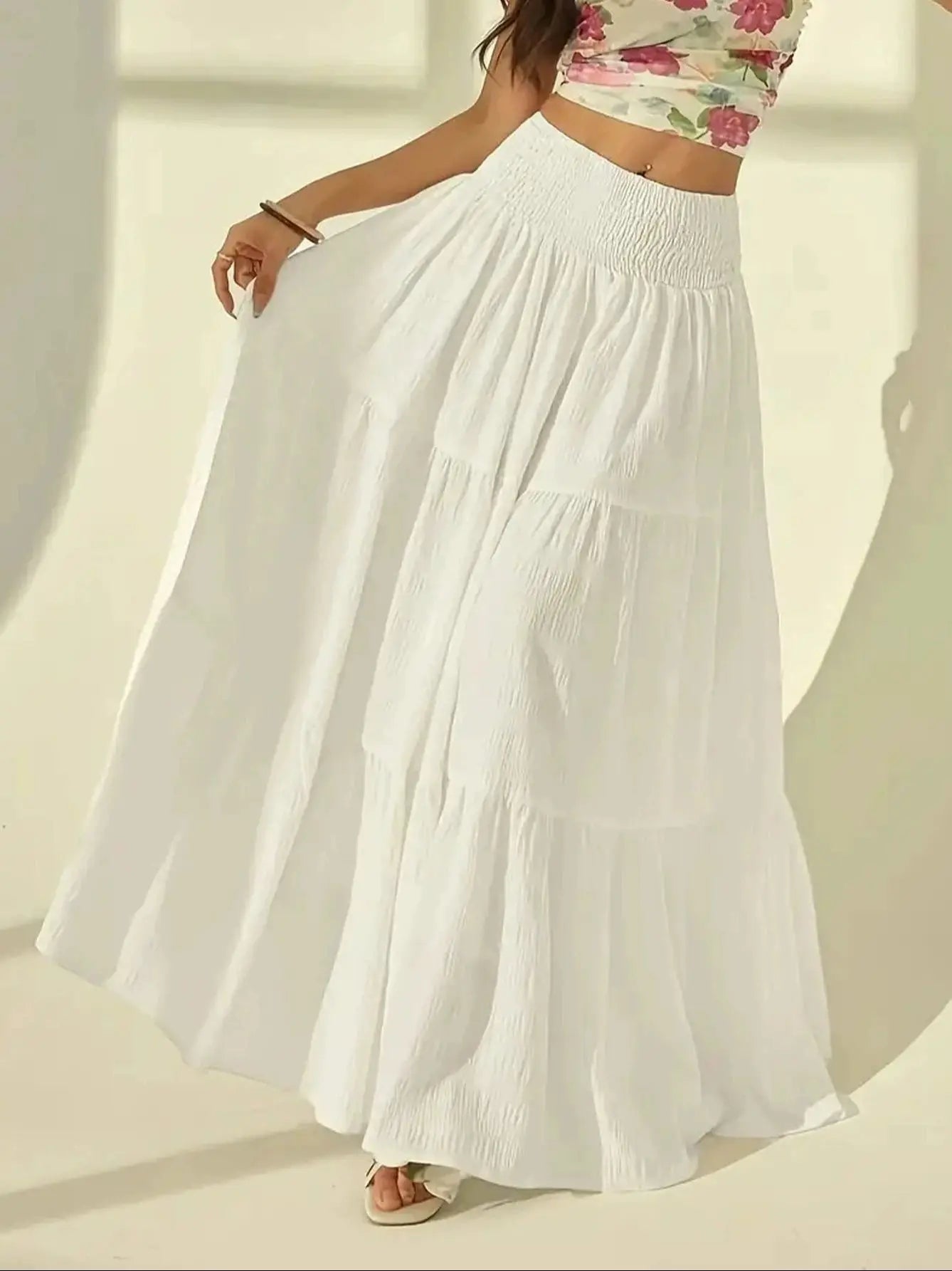 Women's Plus Size Layered Long Skirt – Casual Solid Elastic Waist Holiday Skirt