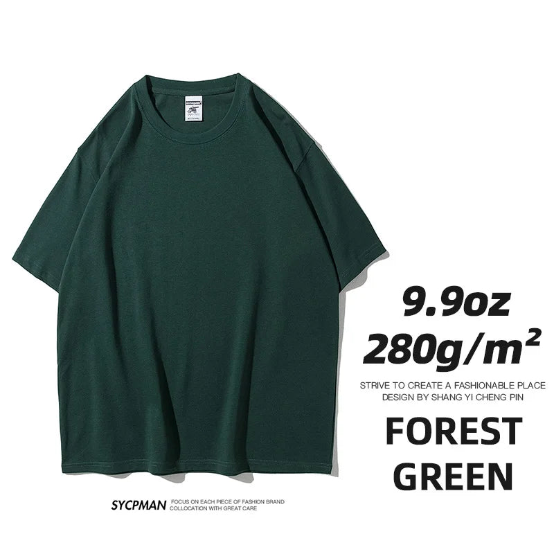 Sypcman Men's Oversized T-Shirt 9.9oz 280 Grams Heavy High Quality Short Sleeve Cotton Tee Solid Color Unisex Streetwear