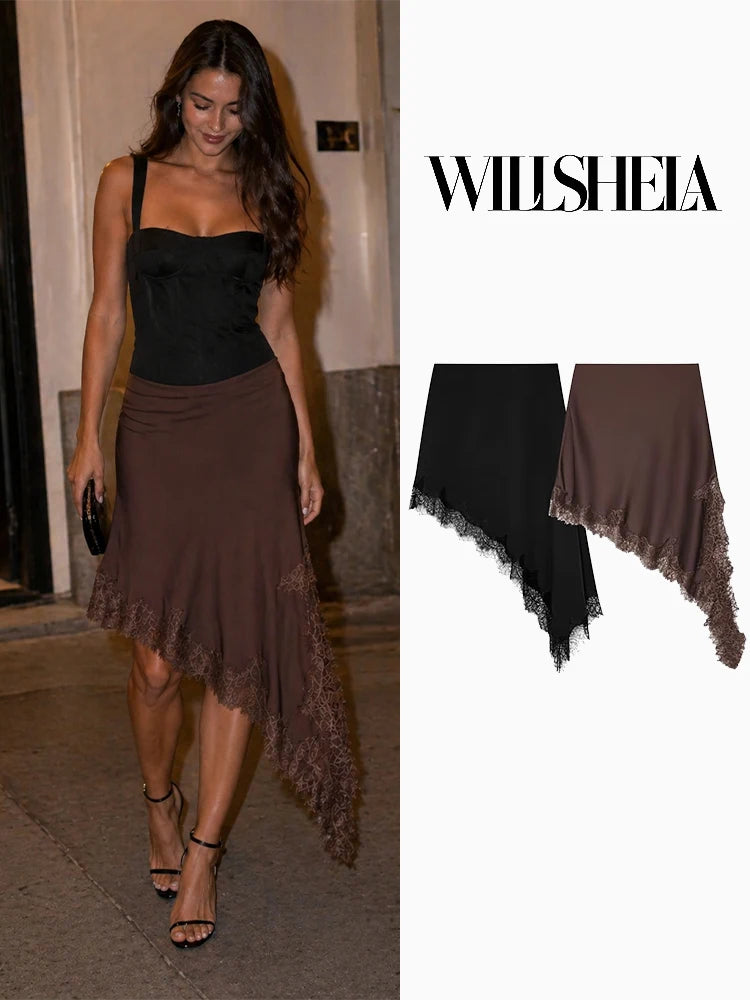 Women's Lace Hem Asymmetrical Mini Skirt – Vintage High Elastic Waist Chic Skirt