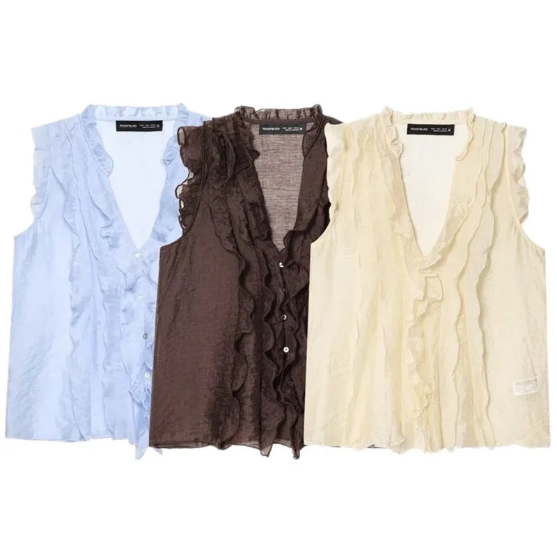 Women's Drapey V-Neck Overlap Decoration Top – Elegant Commute Summer Blouse