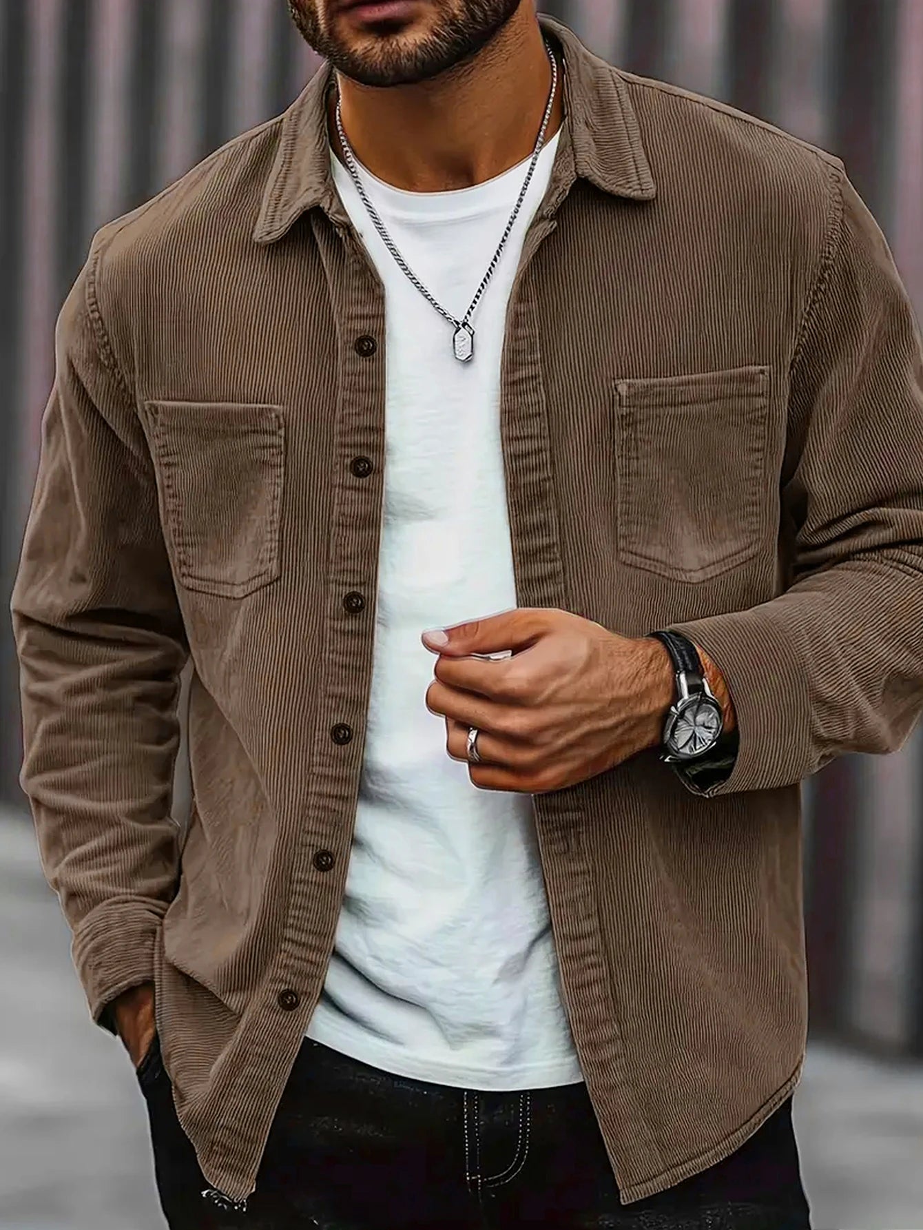 Men's Slim Fit Corduroy Long Sleeve Shirt – Wrinkle-Free Business Casual Office Shirt
