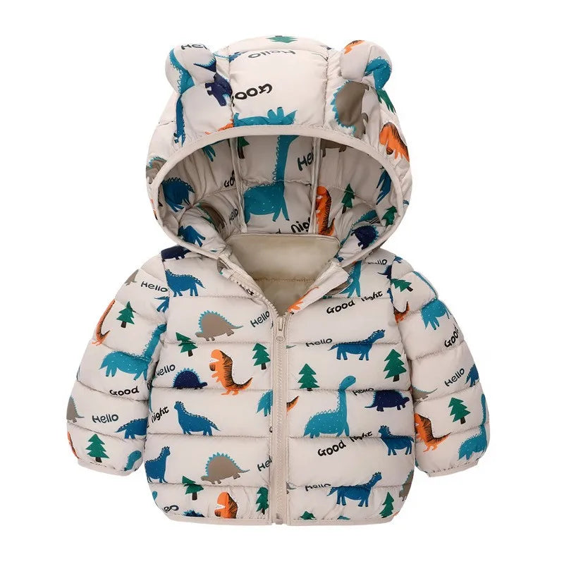 Kids Cartoon Dinosaur Hooded Warm Jacket – Lightweight Winter Outerwear Ages 0–5