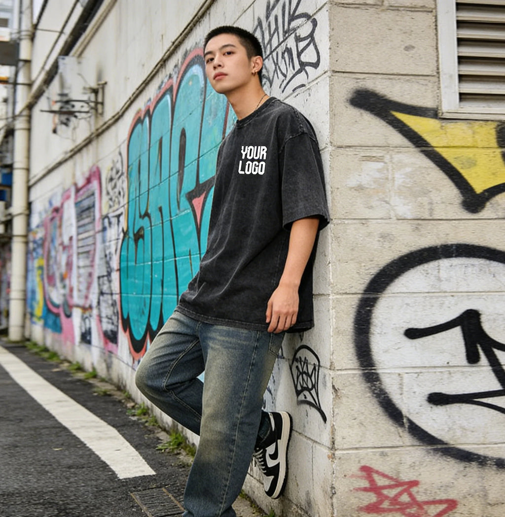 European washed retro round neck short sleeved shirt for men and women, 100% pure cotton, customizable logo
