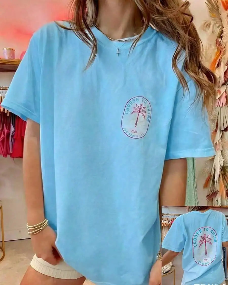 Women's Y2K Coconut Tree Graphic Oversized T-Shirt – Short Sleeve Round Neck Loose Tee