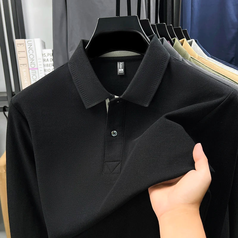 100% cotton luxury polo shirt long sleeve men's classic simple solid color business casual spring autumn comfort premium T-shirt