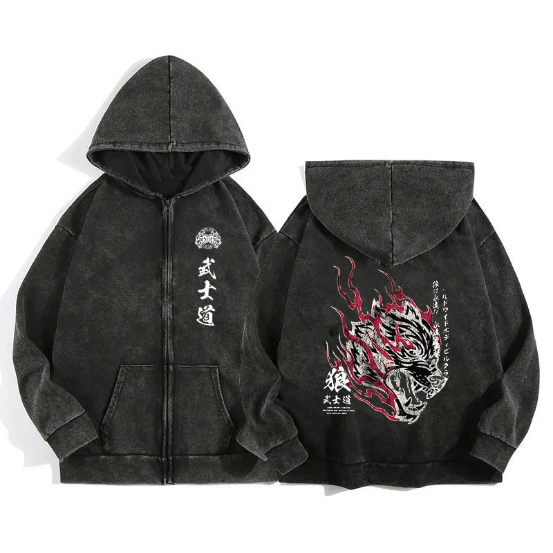 Darc Wolves Gothic Harajuku Zip Hoodie Jacket – Cotton Print Manga Sweatshirt