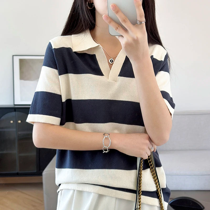 Women's Solid Polo Shirt – Half Sleeve Cotton Striped Casual Knit T-Shirt