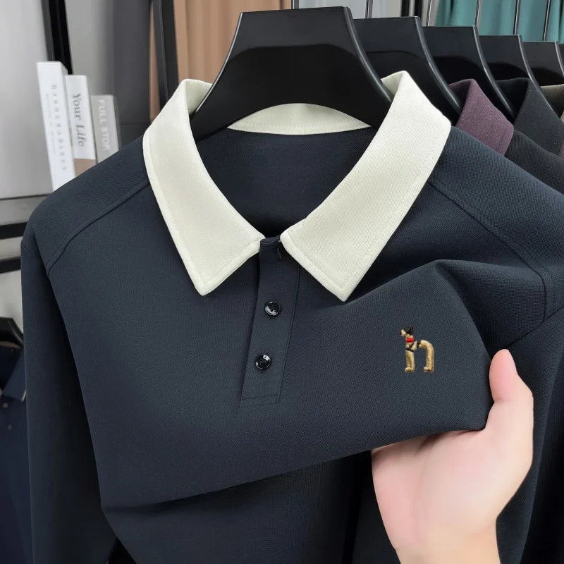 Luxury trend long sleeve men's polo shirt brand high-end cartoon dog embroidery autumn new unique color blocked lapel T-shirt