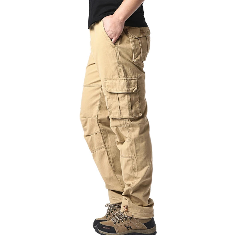 Men's Large Pocket Loose Tactical Jogger Pants – Cotton Elastic Waist Cargo Trousers