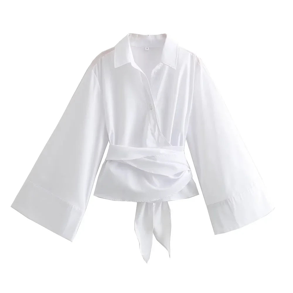 Women's Polo Neck Bow Tie Double-Breasted Poplin Shirt – Fashion Casual Short Top
