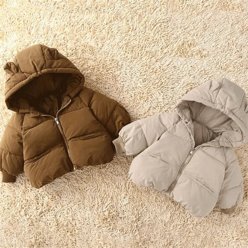Kids Solid Color Hooded Down Coat – Warm Winter Jacket for Boys & Girls