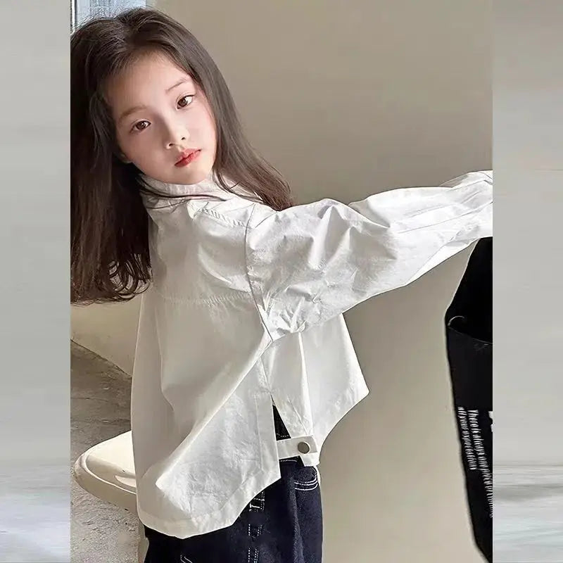 Girls Korean Style Loose White Long Sleeve Shirt – Versatile Casual Blouse