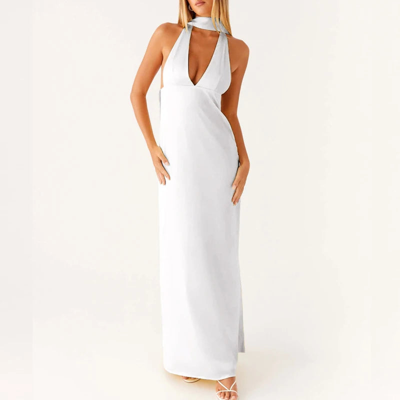 Maemukilabe Sexy Sleeveless Low Cut Print Maxi Dress Boho Halter Neck Slim Fit Flowy Long Dress Backless Floral Summer Beachwear