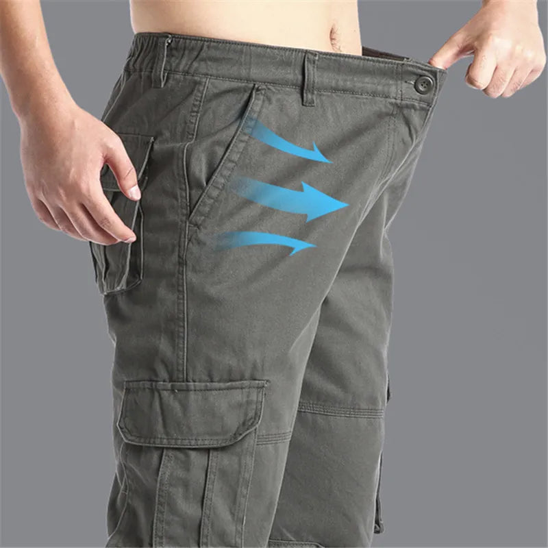Men's Large Pocket Loose Tactical Jogger Pants – Cotton Elastic Waist Cargo Trousers