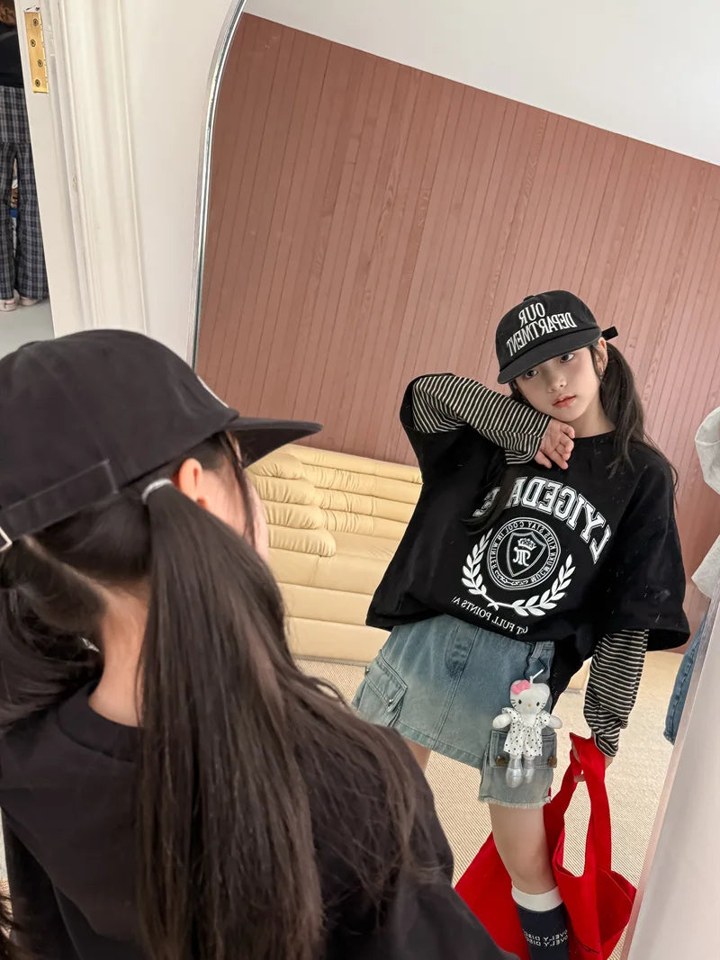 Kids Fake Two-Piece Striped Long Sleeve Top – Oversized Contrast Casual Shirt