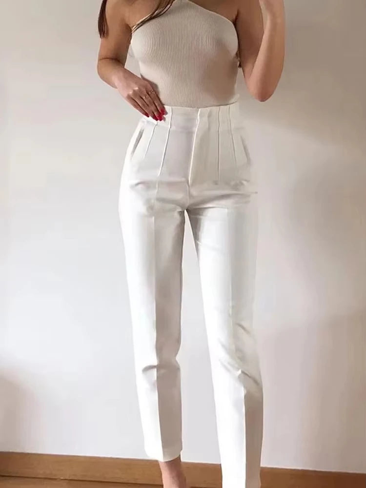 Women's Slim High Waist Pencil Pants – Vintage Solid Color Office Lady Trousers