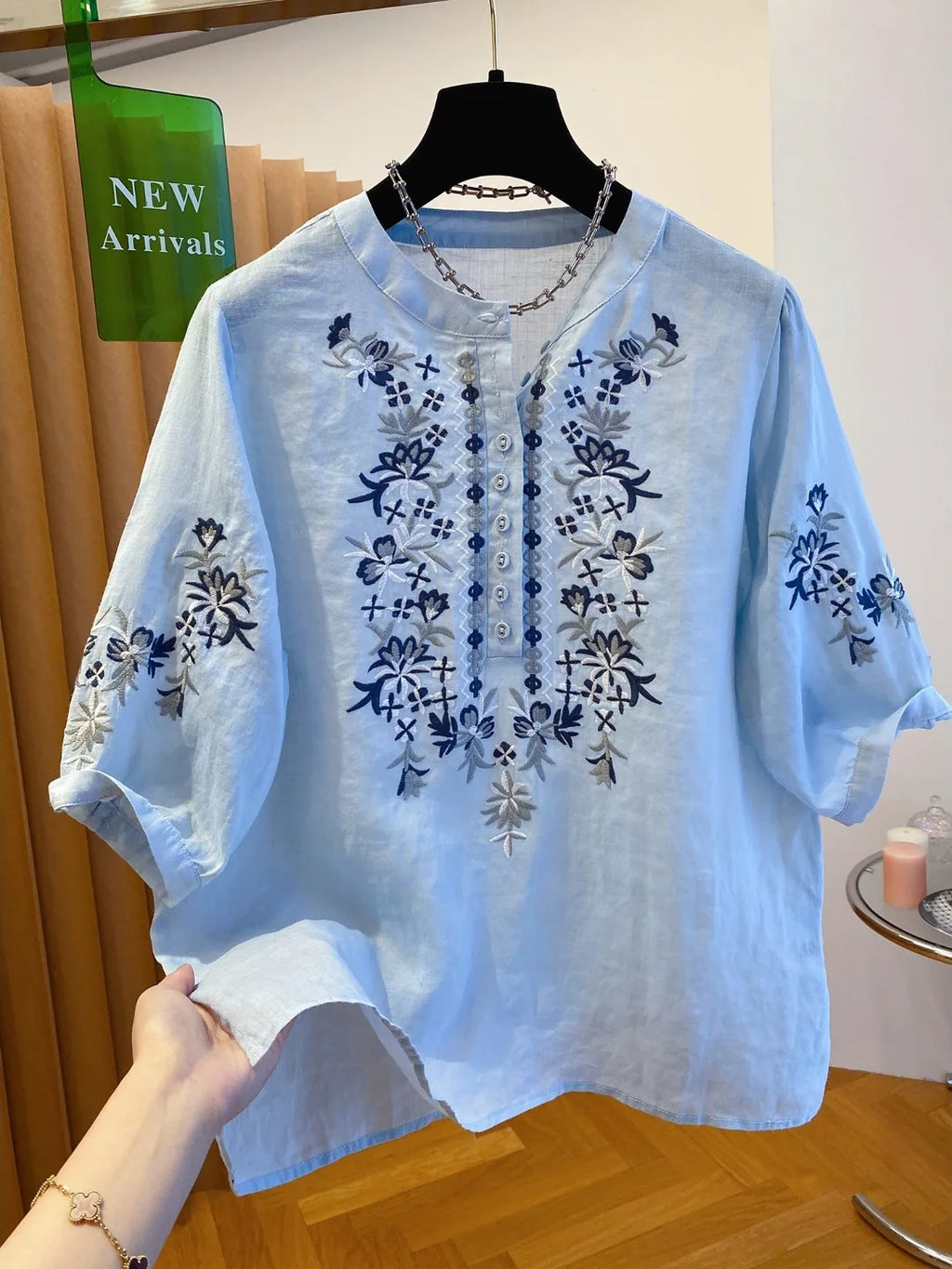 Women's Blue Linen Heavy Embroidery Blouse – Loose Five-Quarter Sleeve Commute Top