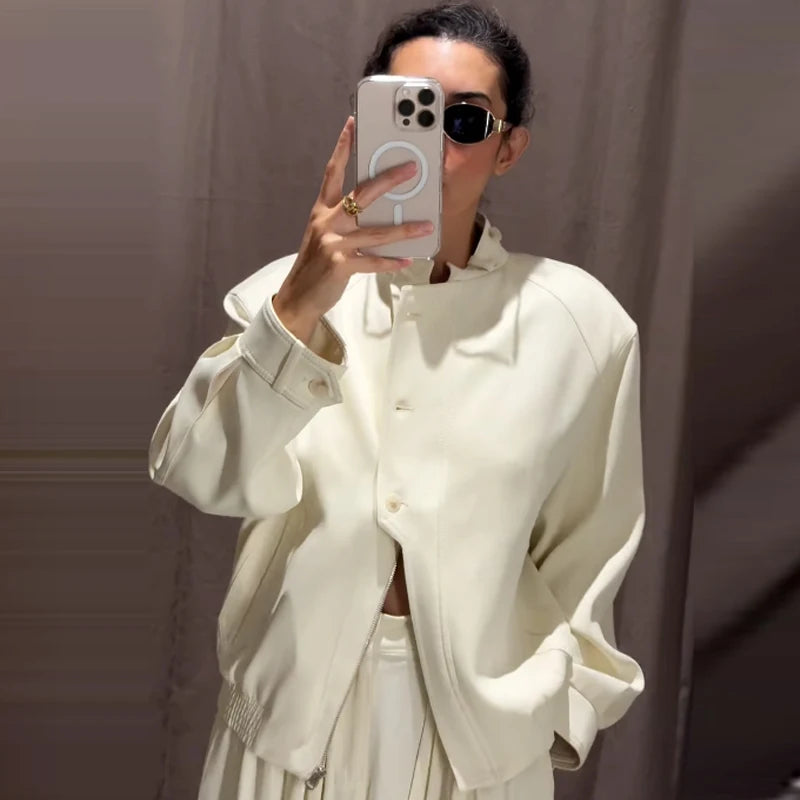 HXAO 2025 Women's Bomber Jacket Autumn Winter Button Oversized Outerwears Beige Long Sleeve Top New In Coats & Jackets Chic Coat