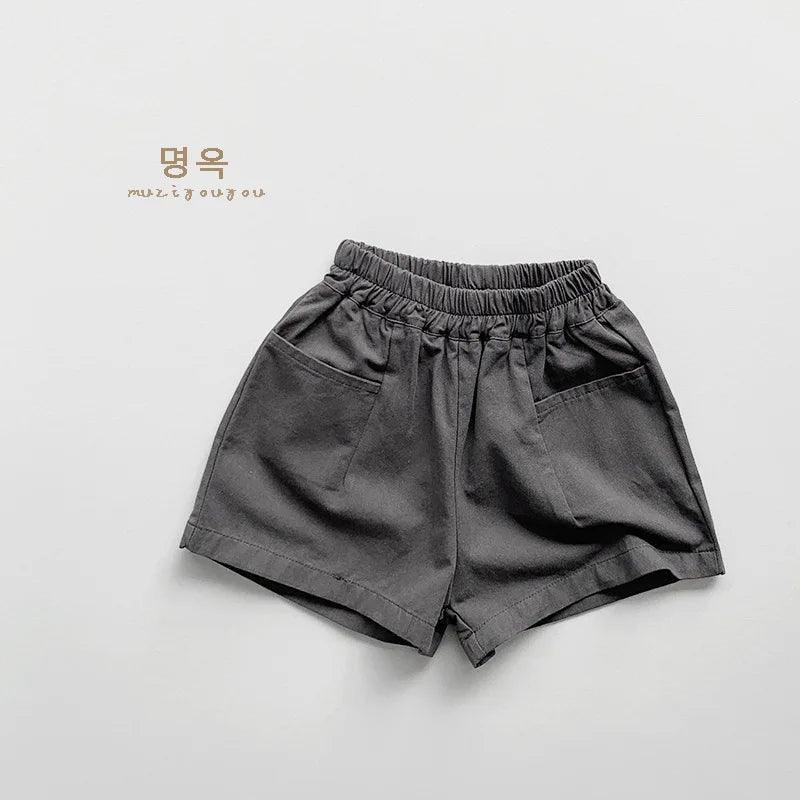 2026 Summer New Children Loose Shorts Solid Vintage Girls Casual Shorts Baby Boys Versatile Pocket Short Pants Kids Clothes