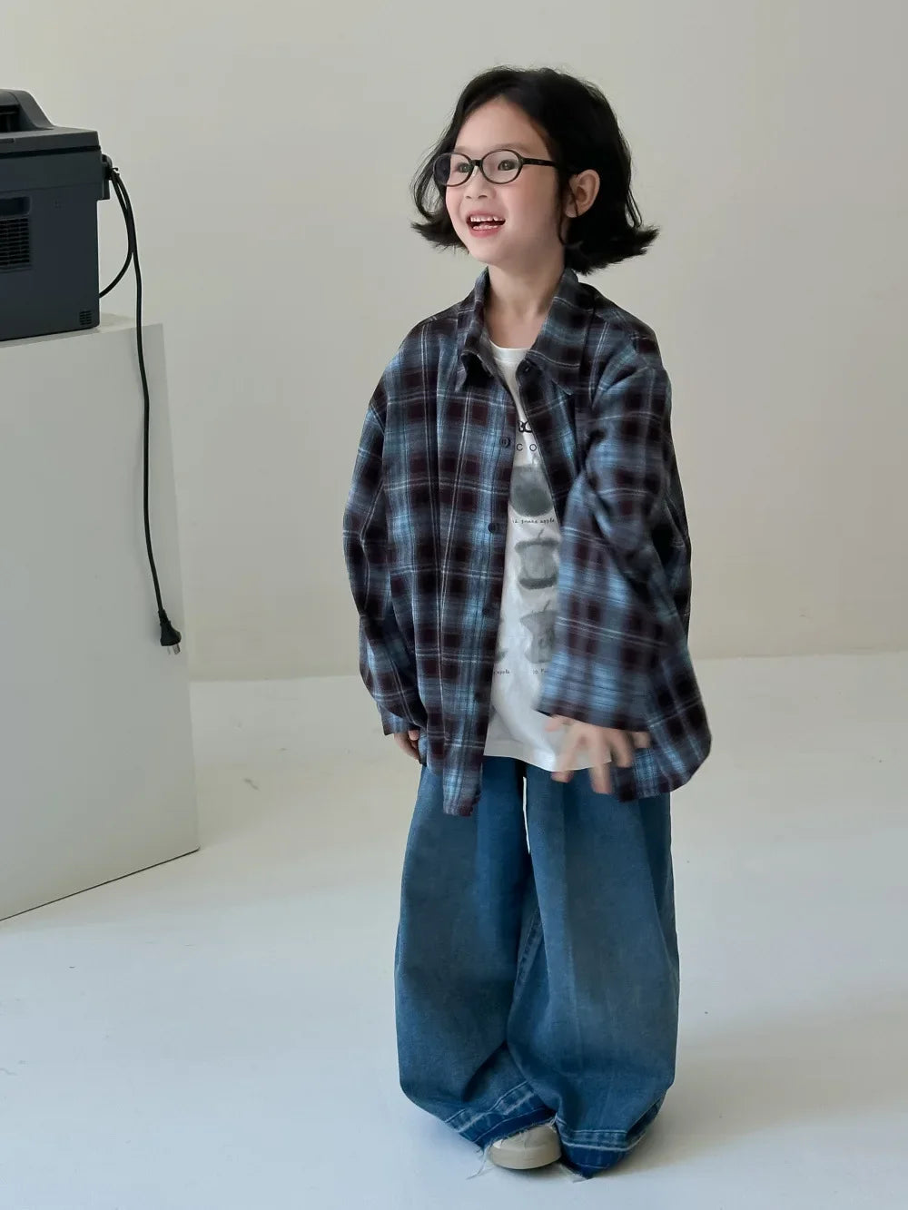 Kids Korean Velvet Plaid Long Sleeve Shirt – Casual Loose Autumn Top