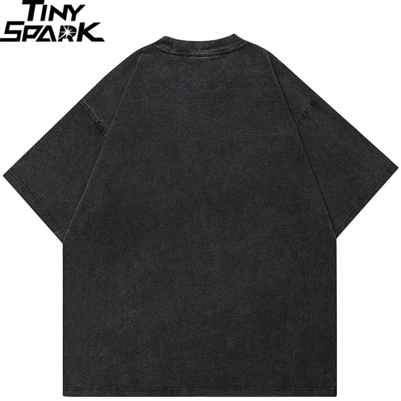 Hip Hop 2024 Vintage Washed Black T-Shirt Streetwear Doberman Dog Gun Graphic T Shirt Cotton Unisex Tshirt Men Tops Tee Hipster