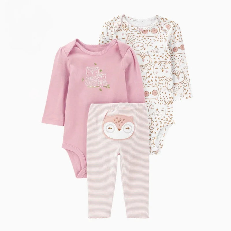 3PCS Baby Clothing Set Autumn Newborn Baby Girl Pure Cotton Clothes Set Soft Cute Animal Kids Bodysuits+Pants+Romper Bebe 6-24M