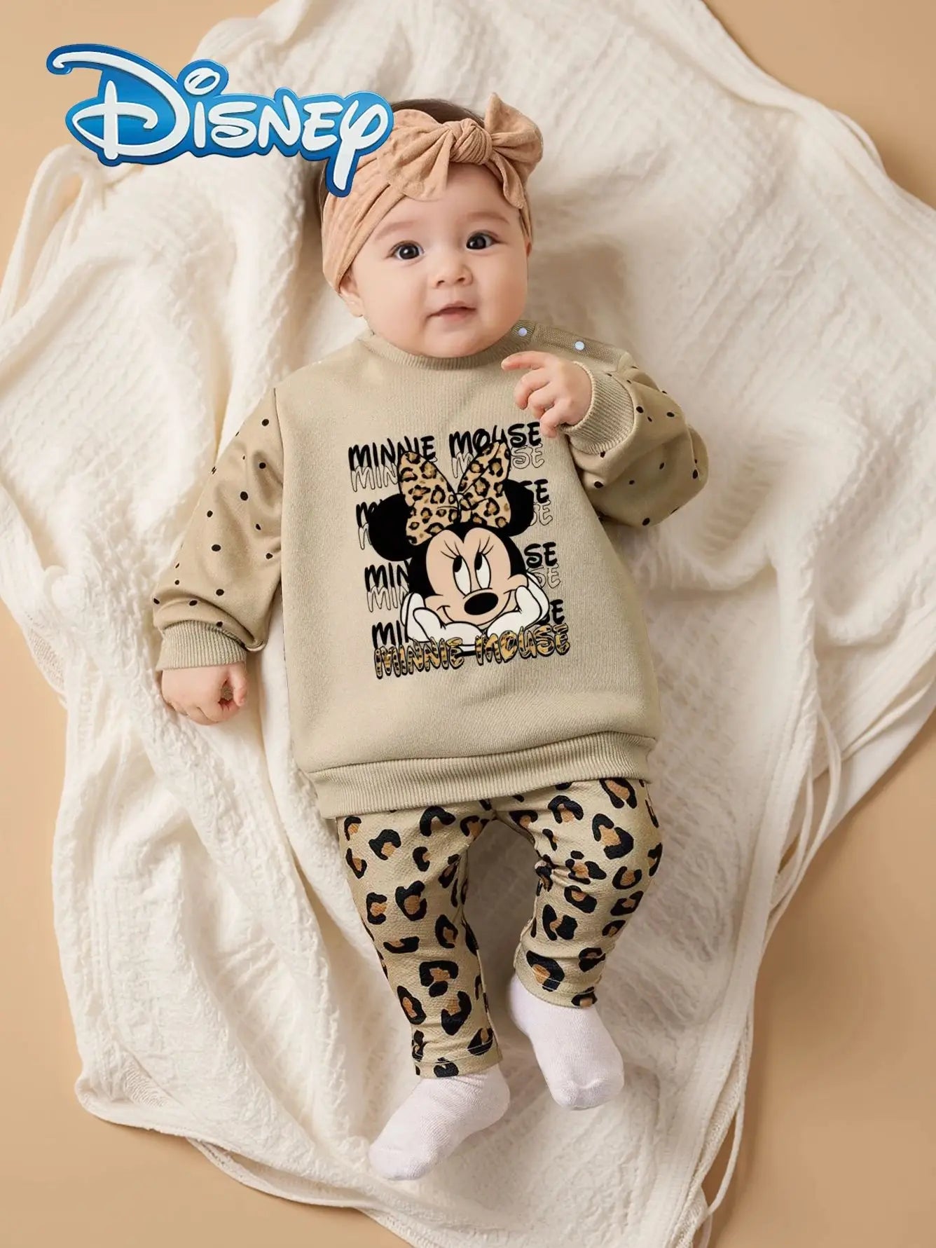 Disney Officially Licensed Mickey Mouse Autumn/Winter Casual Long-Sleeve and Long-Pants Set for Newborn Baby Girls, Featuring Leopard Print and Cute Cartoon Minnie Mouse Prints, Versatile and Comfortable Children's Clothing f