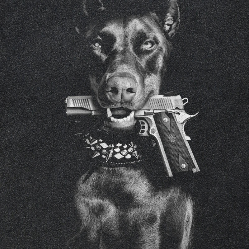 Hip Hop 2024 Vintage Washed Black T-Shirt Streetwear Doberman Dog Gun Graphic T Shirt Cotton Unisex Tshirt Men Tops Tee Hipster