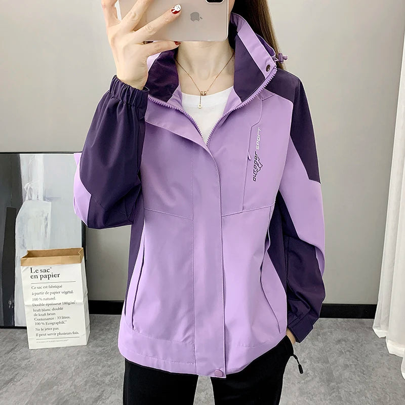 Women's Waterproof Hooded Hiking Windbreaker – Patchwork Sports Outdoor Raincoat