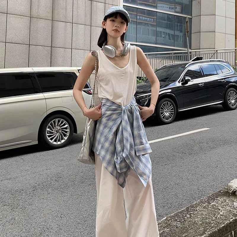 Women's Blue Plaid Cotton Linen Sunscreen Shirt Jacket – Korean Lazy Style Spring Top
