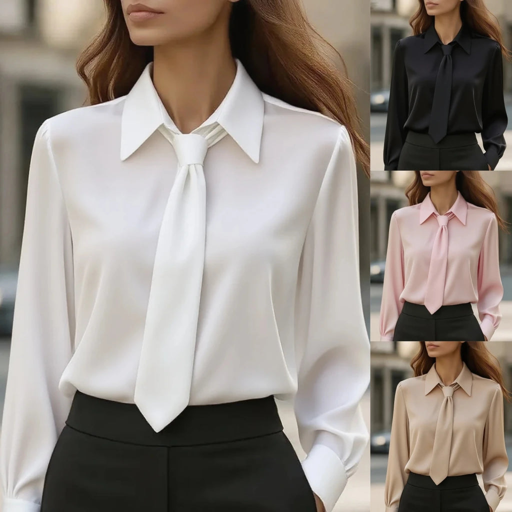 Women's Elegant Satin Work Shirt – Plain Modern Casual Long Sleeve Collar Top